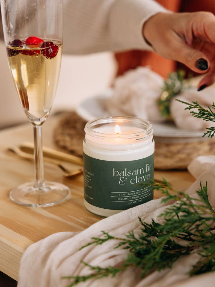 Balsam Fir & Clove soy candle for wholesale by Soul Roots Wax Co.
