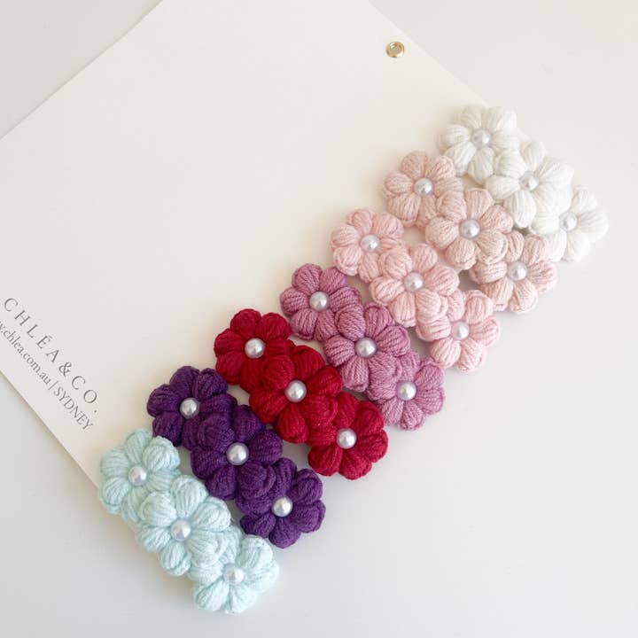 Triple Pearl Daisy Crochet Clip for wholesale by Chlea & Co.