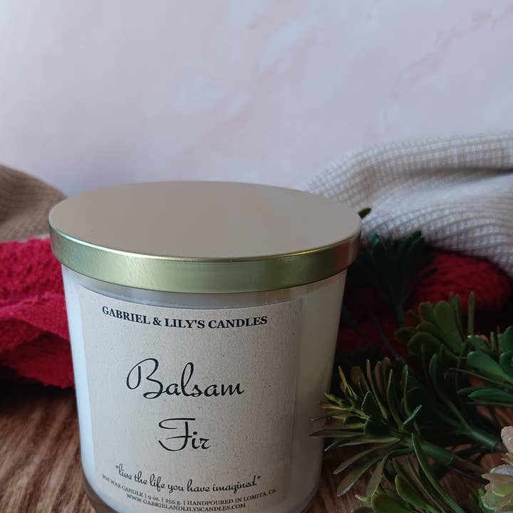 Bougie de vacances au soja au sapin baumier pour la vente par Gabriel & Lily's Candles