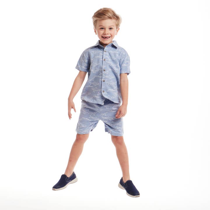 Kids (2-8) Shark Print Buttondown Set | Blue for wholesale on Faire