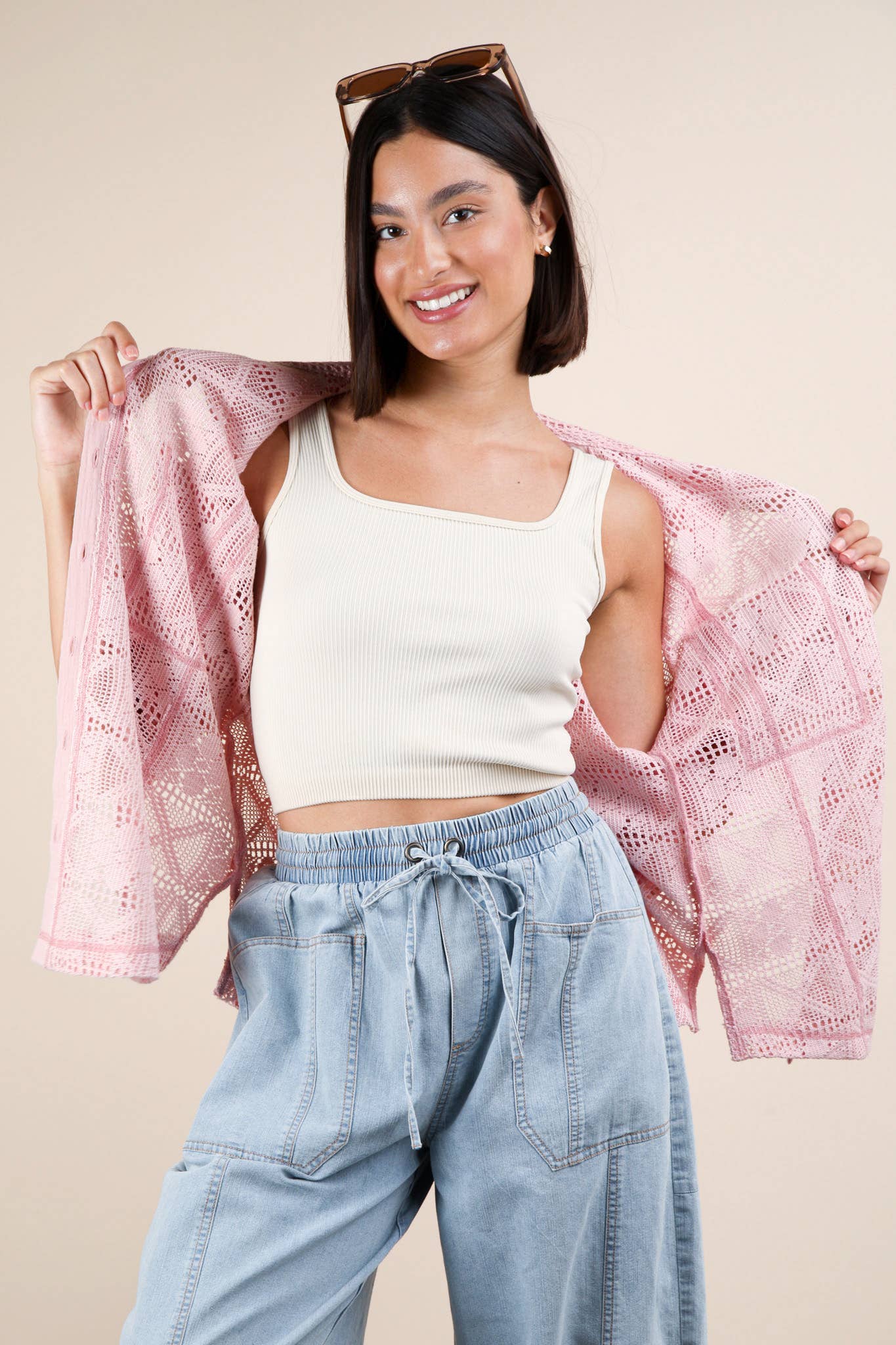 VERY J - Wholesale Jacket - Women's - NT12083-Oversized Crochet Button Down Shirt Top9