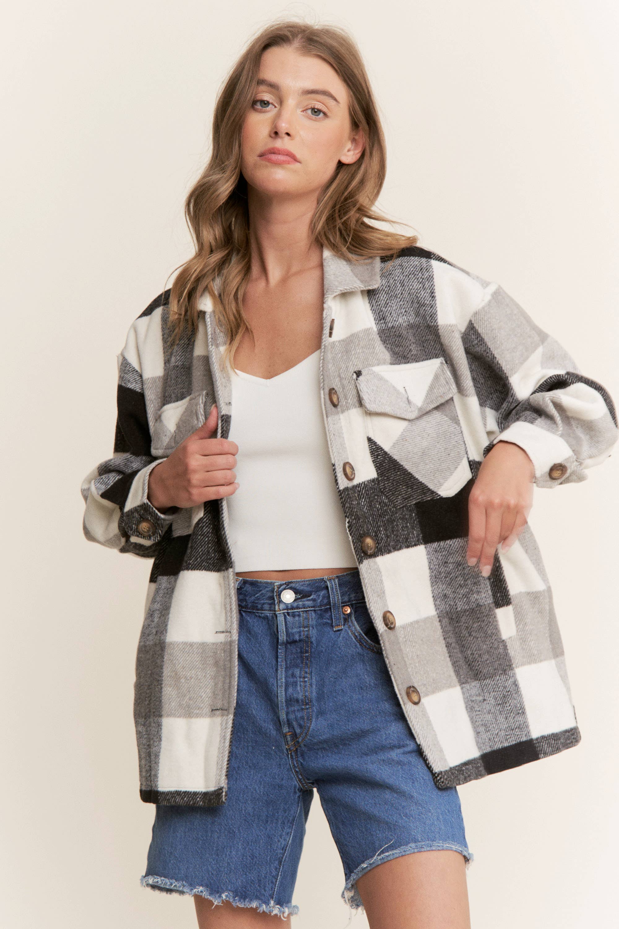 Sweet Generis - Wholesale Shirt Jacket/Shacket - Women's - FUZZY PLAID BUTTON DOWN FLANNEL SHIRT JACKET25