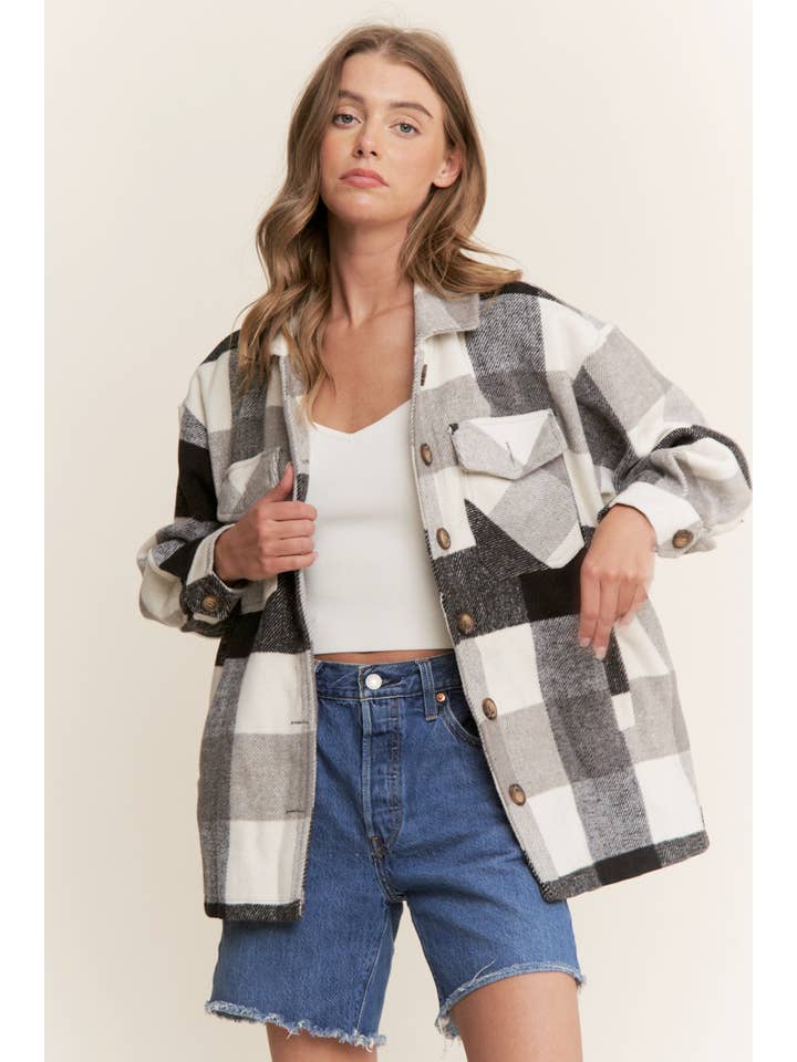 Sweet Generis – wholesale Shirt Jacket/Shacket - Women’s – FUZZY PLAID BUTTON DOWN FLANNEL SHIRT JACKET25