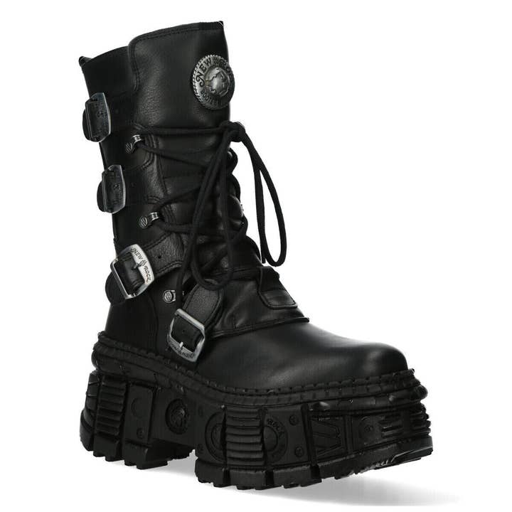 Black New Rock Mid-Calf Leather Goth Boots-WALL373-S5 for wholesale on Faire