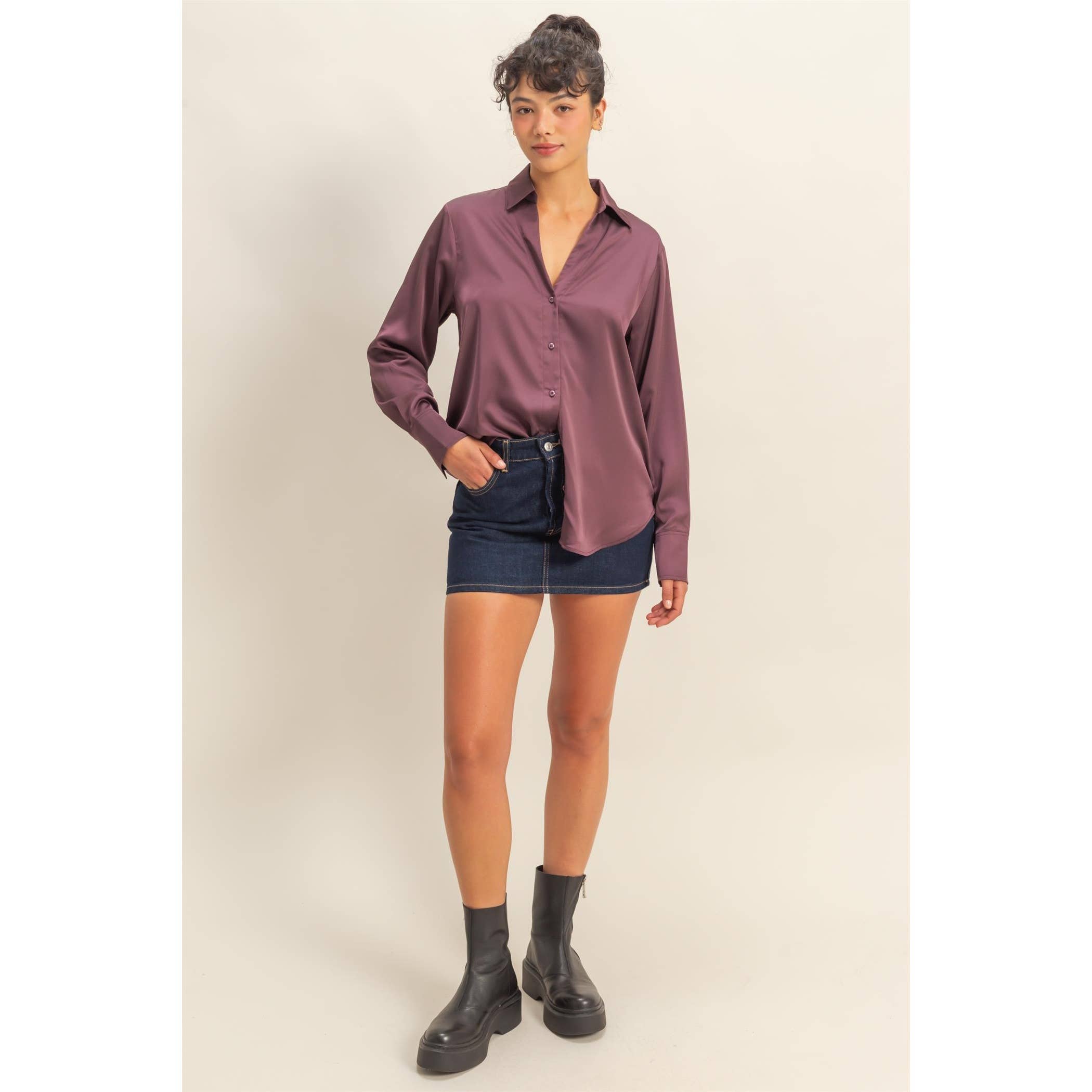 Double Zero - Wholesale Blouse - Women's - Button-Up Satin Shirt With Collared Neckline17