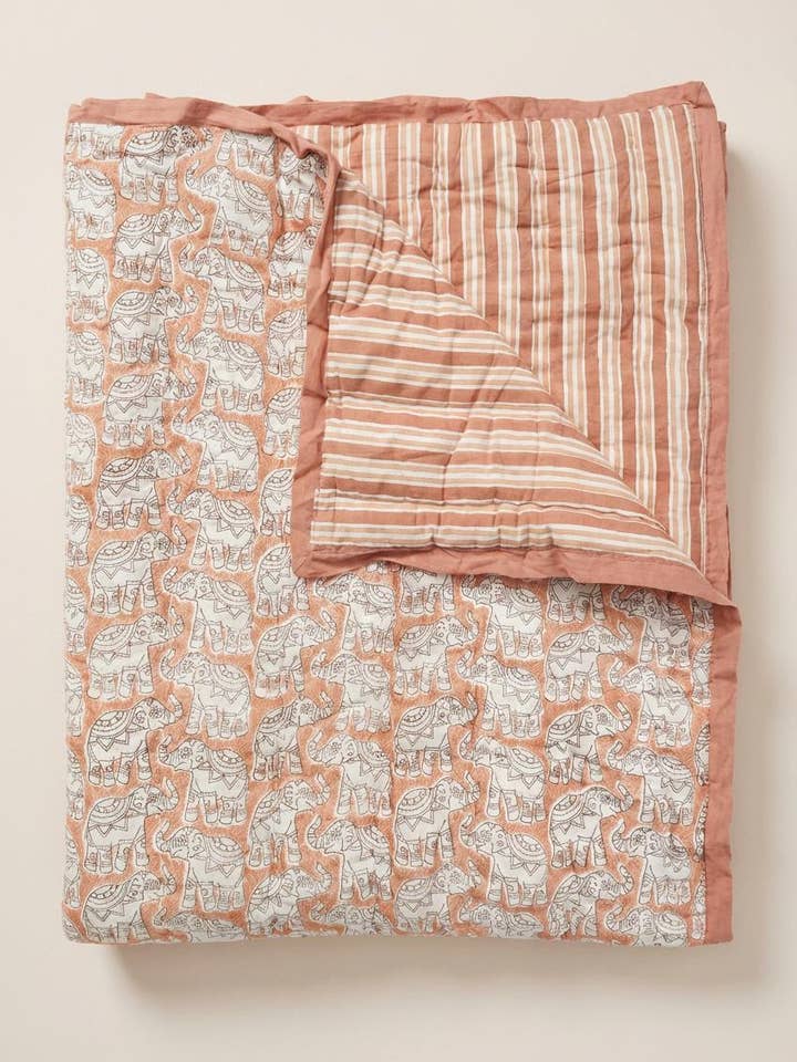 Organic Cotton Elephant Toddler Quilt – Peach Block Printed Reversible Cot Quilt for wholesale by Kapara London