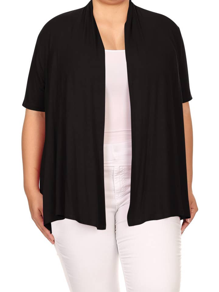 MOA COLLECTION - Wholesale Cardigan - Women's - Women's Plus Size Short Sleeves Draped Solid Cardigan4