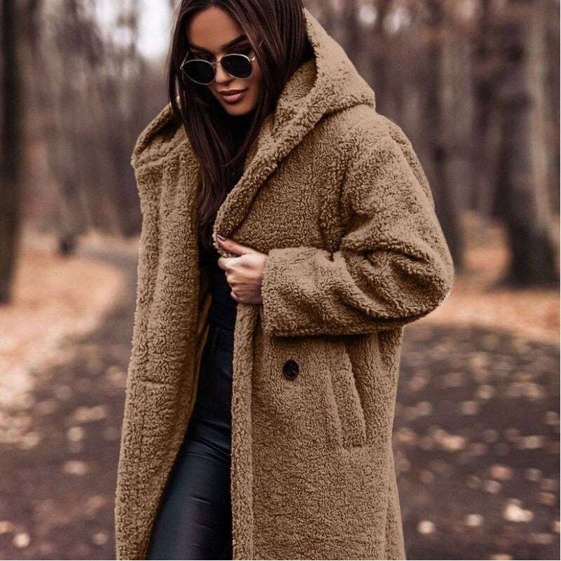 FurDecoration - Vente Manteau en fourrure/fausse fourrure – femme - Manteau long à capuche en peluche uni tendance11