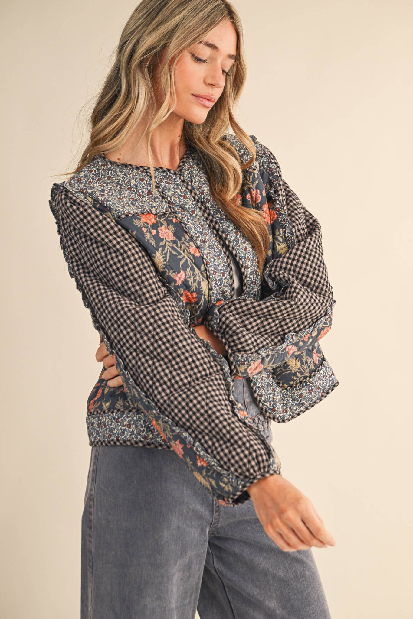 BURGUNDY MULTI MIXED PRINT QUILTED JACKET WITH RUFFLE TRIM MJK4531 for wholesale on Faire14