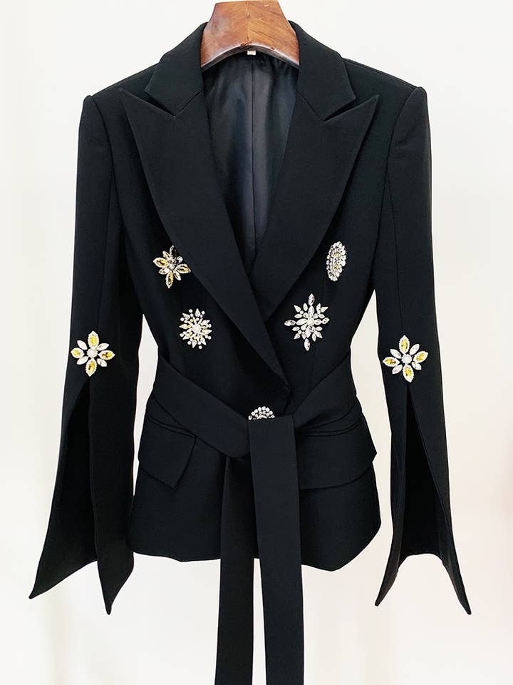 White BL077 Diamond Belted Blazer with Beaded Elegance for wholesale on Faire