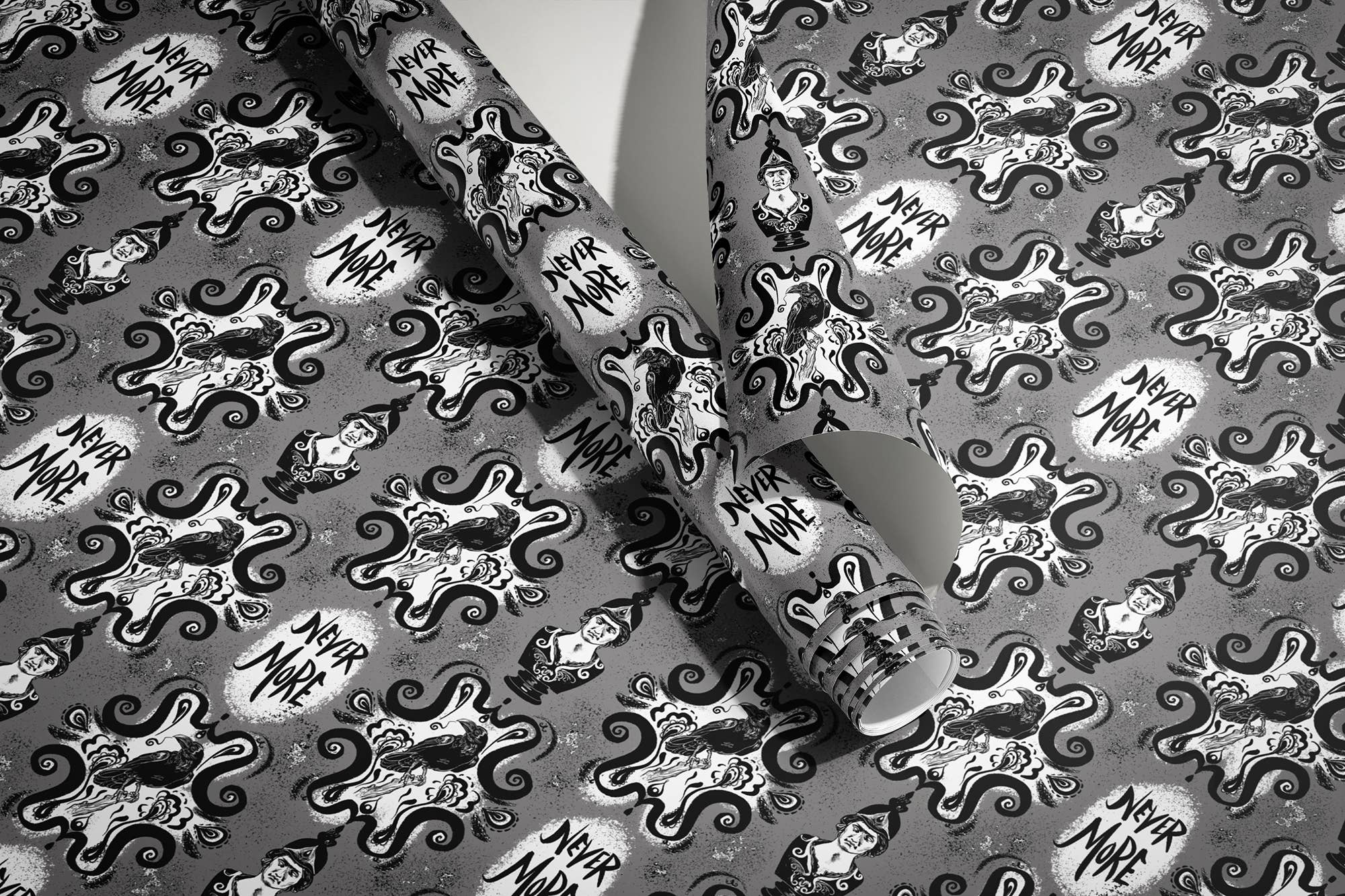 Asunder Bazaar - Wholesale Wrapping Paper Roll - Poes The Raven Nevermore Wrapping Paper 3 Sheet Roll1