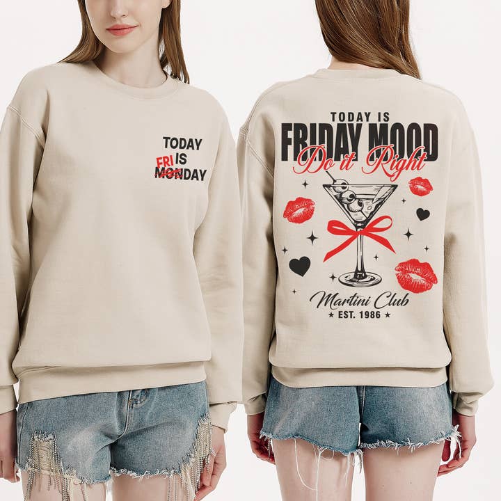 “Friday Mood” Martini Club Crewneck Sweatshirts for wholesale by Mutedclay