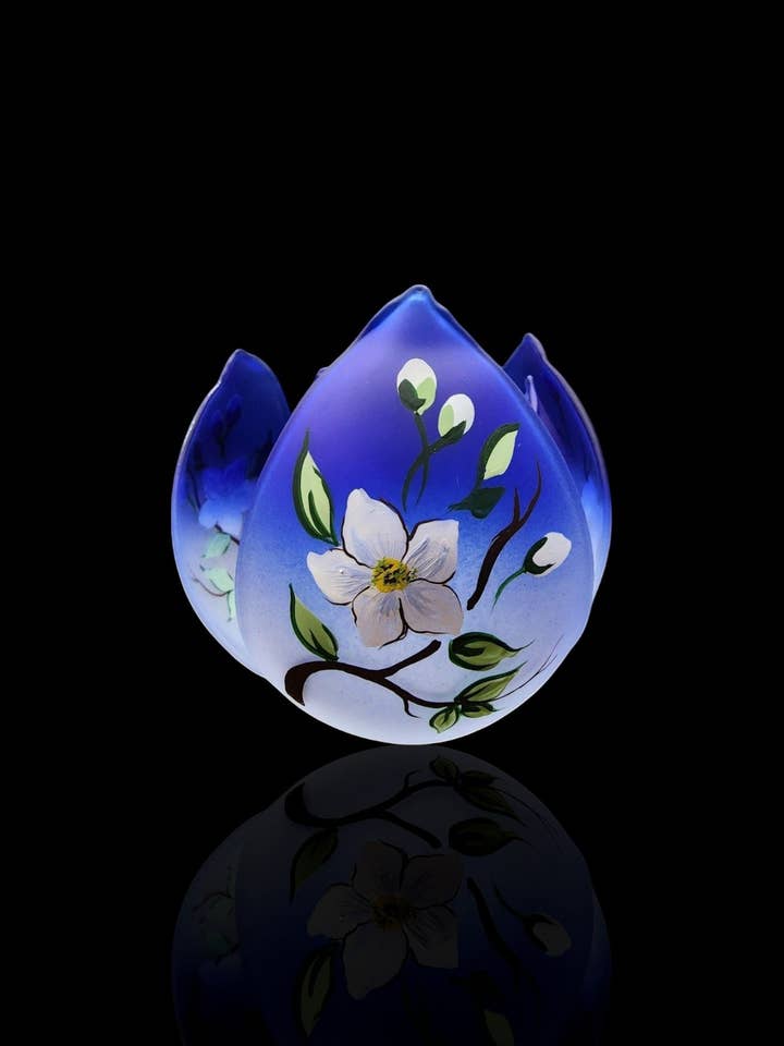 Blue Glass Lotus Blossom Candle Holder - Dogwood Flower for wholesale by Glass by Iness