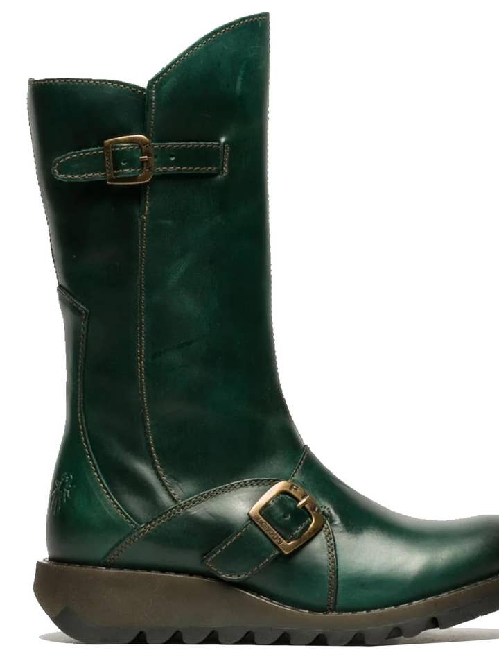 Gasolina Botas de plataforma con cremallera de cuero, tacón de cuña y hebilla para mujer Fly London MES 2 verde hasta media pantorrilla. de venta al por mayor en Faire0