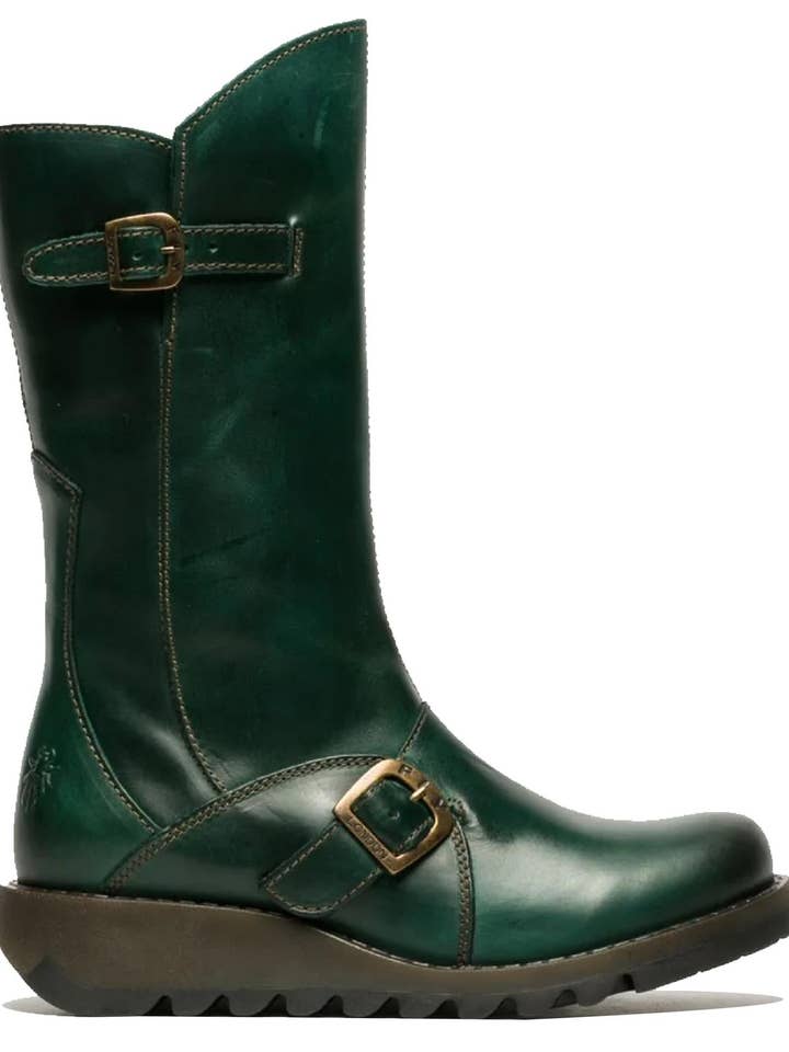 Petrol Fly London Womens Green MES 2 Wedge Heel Buckle Mid-Calf Leather Zip Platform Boots for wholesale on Faire