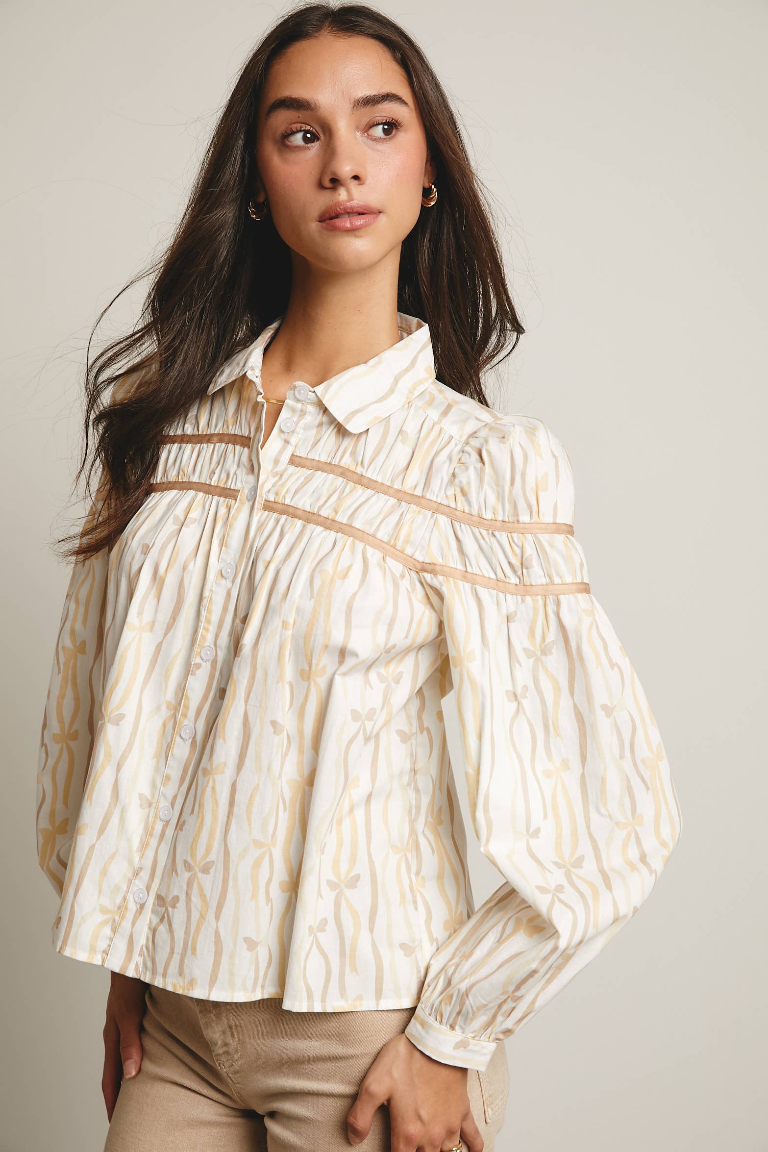 Forte – wholesale Blouse – Women’s – Ribbon Stripe Puff Sleeve Blouse FT00051