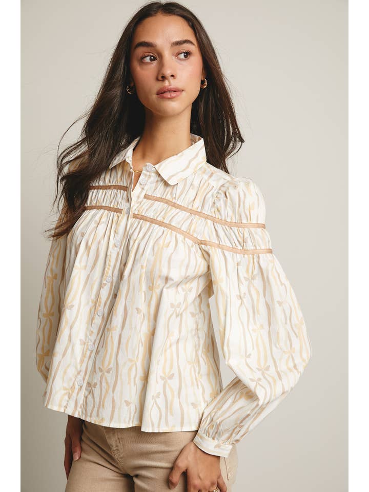 Forte – wholesale Blouse – Women’s – Ribbon Stripe Puff Sleeve Blouse FT00051