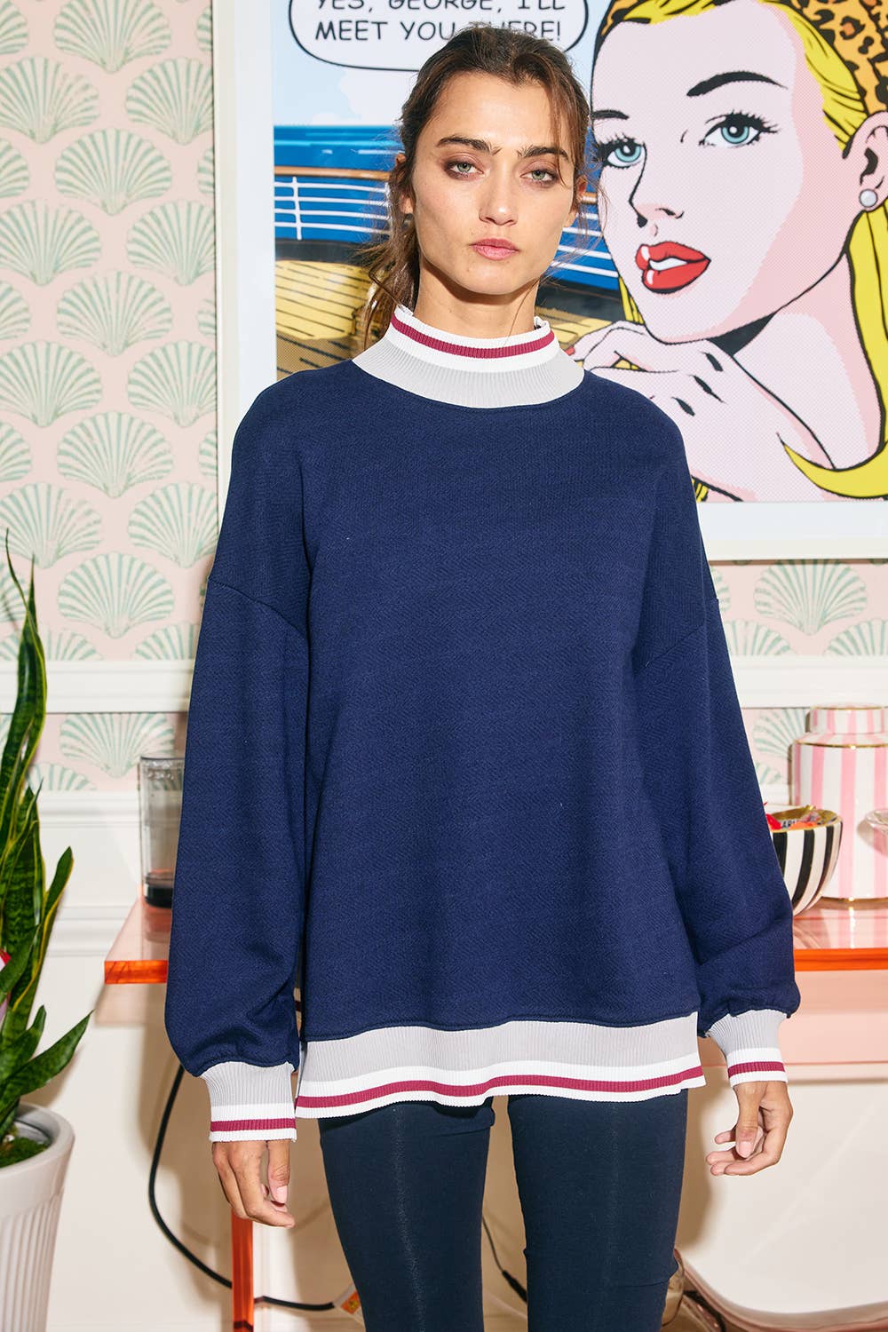 BUCKETLIST INC - Wholesale Sweatshirt - Women's - T2692 Striped Rib Band Details Mock Neck Sweatshirt Top9