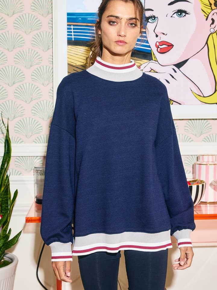 BUCKETLIST INC - Wholesale Sweatshirt - Women's - T2692 Striped Rib Band Details Mock Neck Sweatshirt Top9