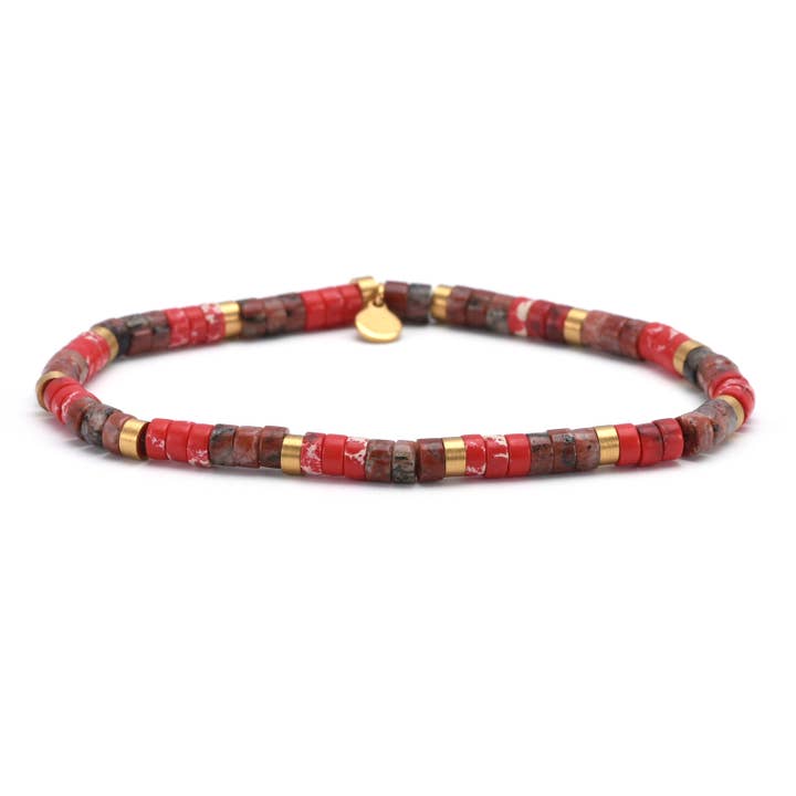 Steel bracelet with 4mm heishi beads, sesame jasper, and imperial jasper for wholesale by SIXTY STONES