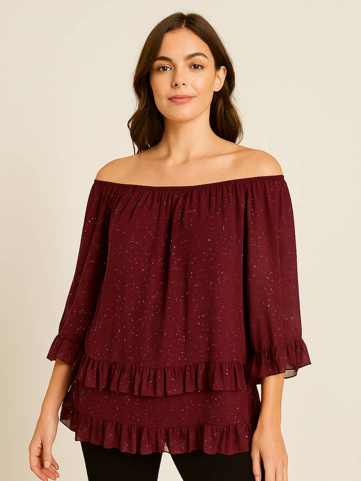 Shimmer Frill Layered Bardot Tunic Top for wholesale by Kurt Muller