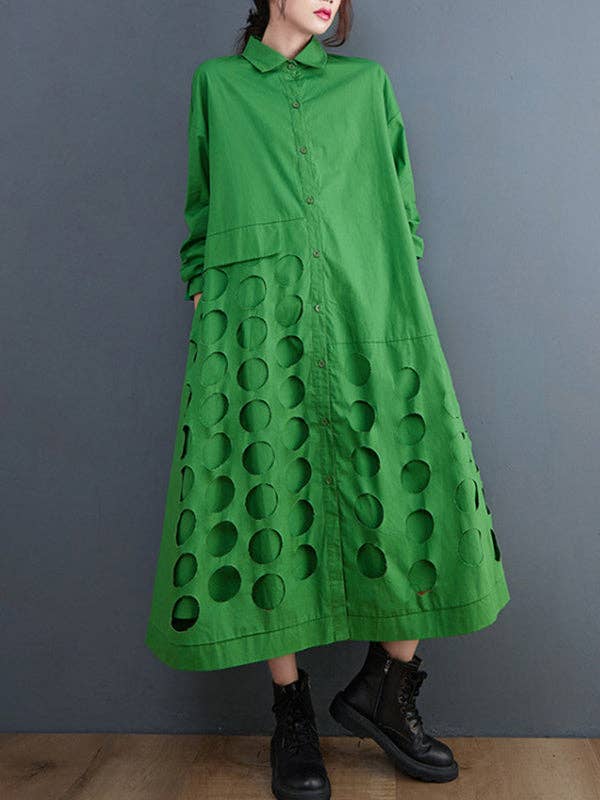 StyleGalX - Vente Robe – femme - Robe midi à manches longues, coupe évasée, col à revers, asymétrique avec pois ajourés unis1