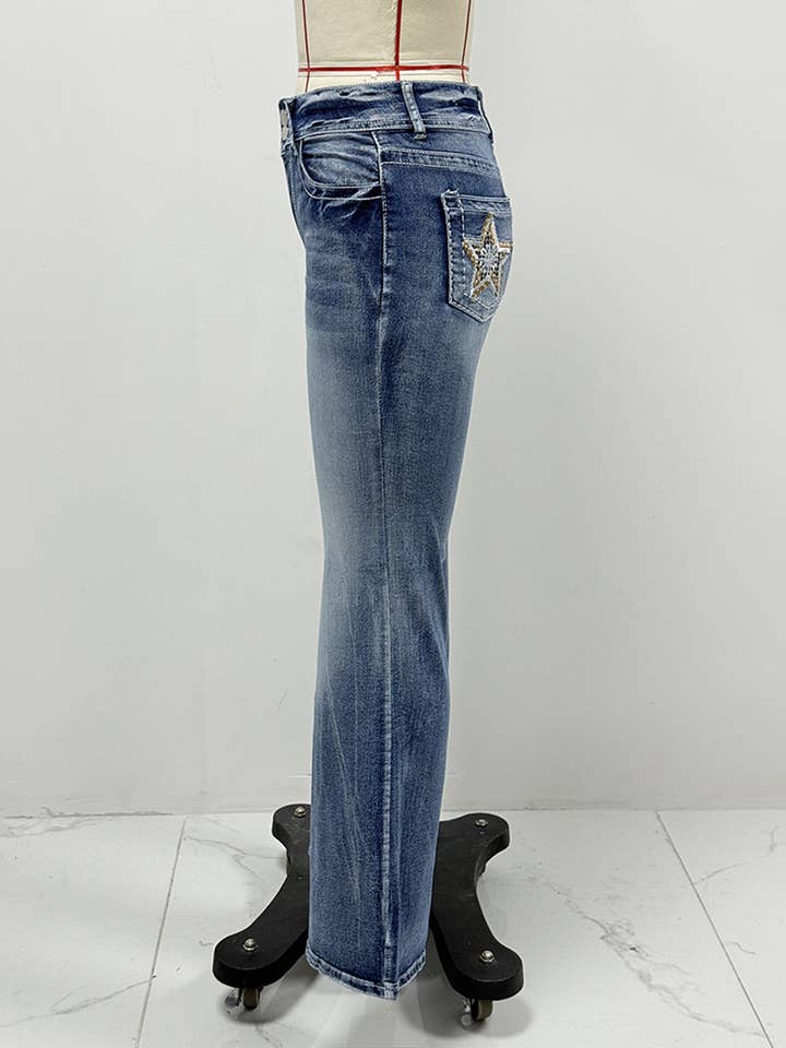 Blue Embroidered Straight Leg Stretch Jeans for wholesale on Faire4