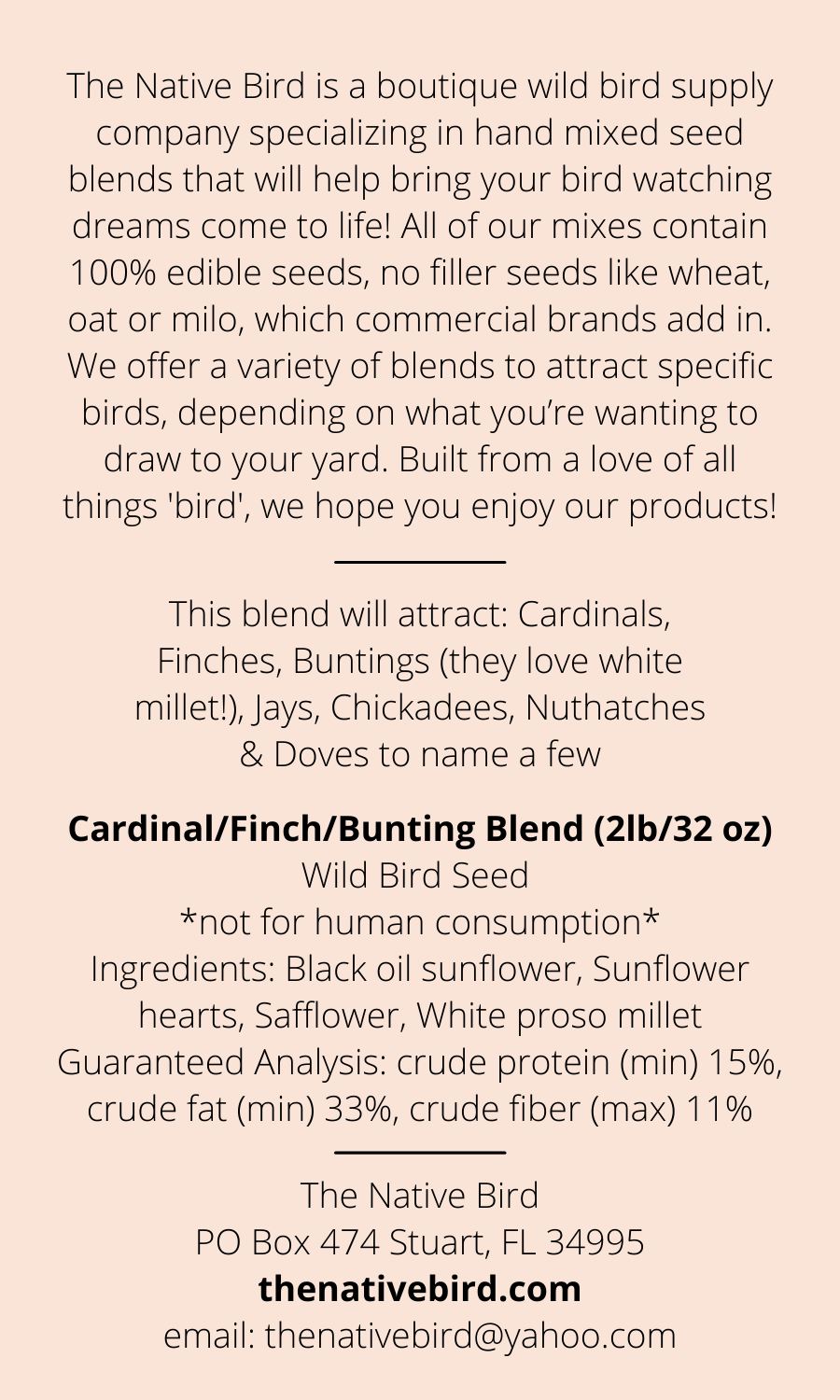 The Native Bird - Wholesale Bird Feeder - Cardinal/Finch/Bunting Blend 2LB - Bird Seed2