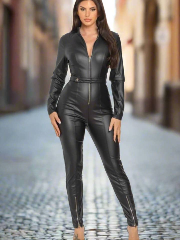 Mono de piel sintética negro elegante y ajustado para venta al por mayor de J2 FASHION