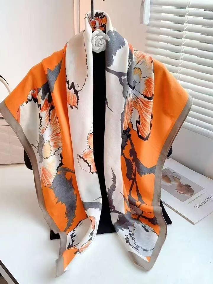 Floral square scarf 90x90 blue or soft and chic orange for wholesale by COSMOS
