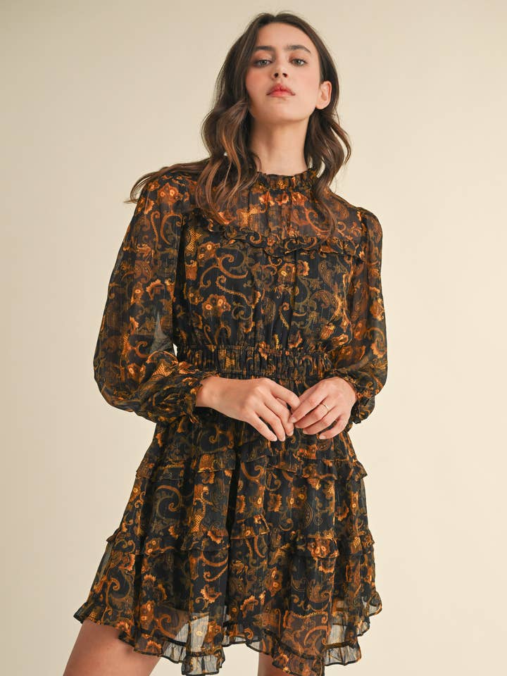 RUFFLE TRIM LUREX PRINT MINI DRESS MDR3680 for wholesale by &MERCI