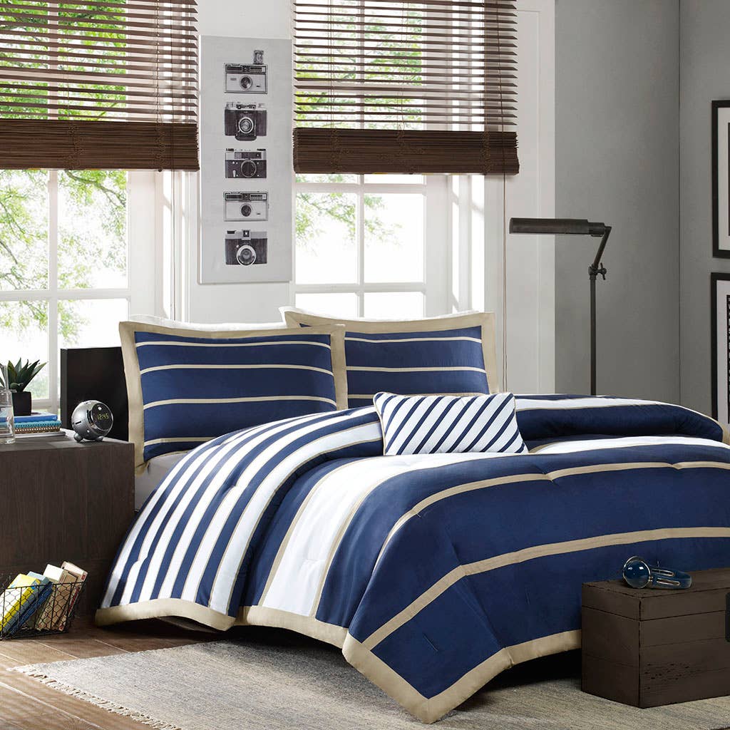 Olliix - Wholesale Bedding Set - Stripes 4-Piece Comforter/Duvet Cover Set, Navy Blue/Khaki0
