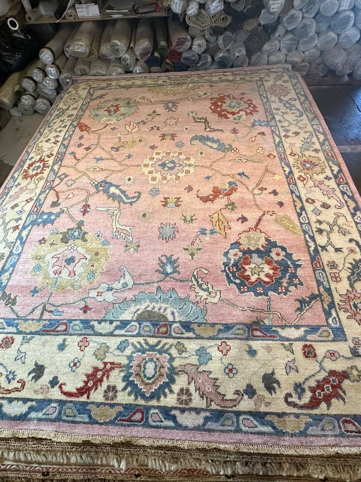 Natasha Stefanenko 9x12.3 Hand-Knotted Oushak Rug Pink and Ivory for wholesale by Banana Manor Rug Co.