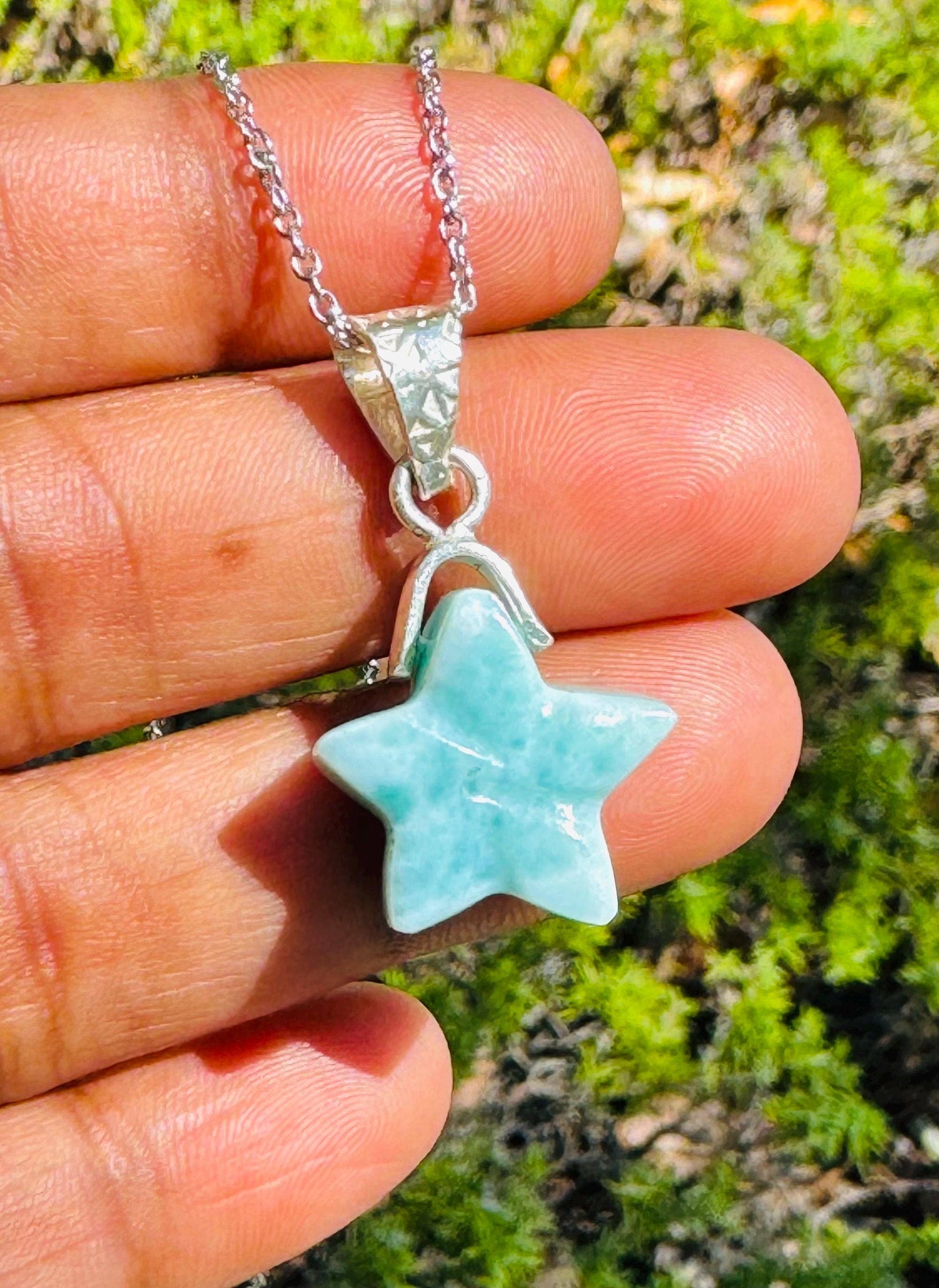 Akstar Gems - Venta al por mayor Collares con colgantes/abalorios - Collar de larimar, piedra de la Atlántida, piedra curativa, estrella de plata, joyería bohemia, joyería bohemia, regalo de joyería de larimar de la República Dominicana, 1,20 x 0,60 pulgadas8