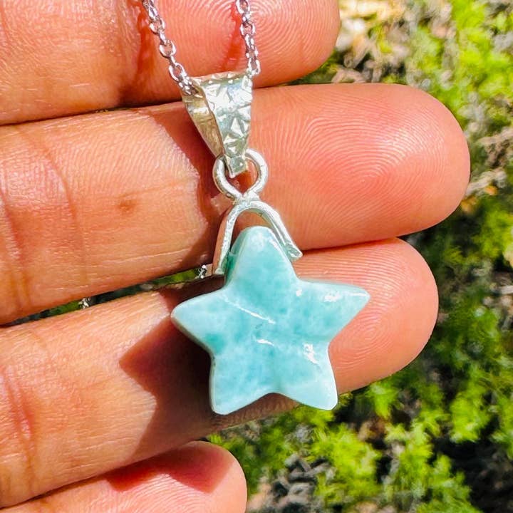 Akstar Gems - Venta al por mayor Collares con colgantes/abalorios - Collar de larimar, piedra de la Atlántida, piedra curativa, estrella de plata, joyería bohemia, joyería bohemia, regalo de joyería de larimar de la República Dominicana, 1,20 x 0,60 pulgadas8