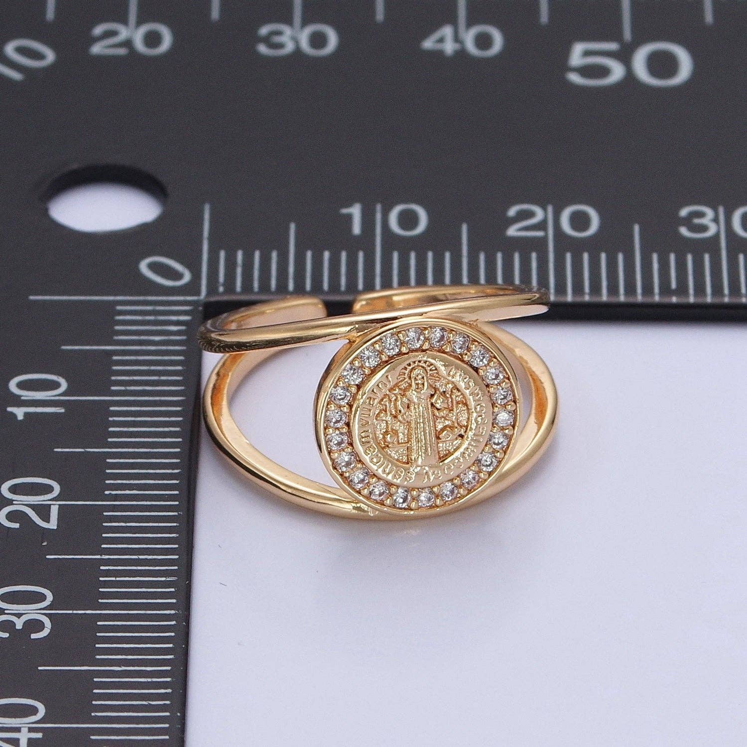 Aim Eternal - Wholesale Cocktail/Statement Ring - Saint Benedict Ring Gold Statement Religious Jewelry Open Adjustable Ring O-7463
