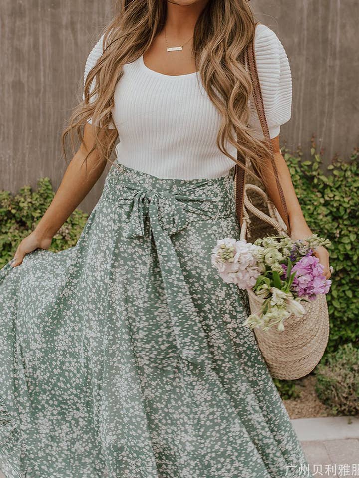 GREEN Floral Wrap-Tie Rayon Midi Skirt for wholesale on Faire2