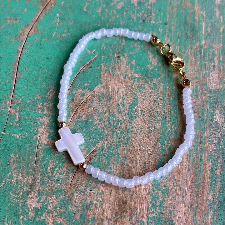 White Shell Cross Seed Bead Bracelet for wholesale by Love and Honor Jesus LLC