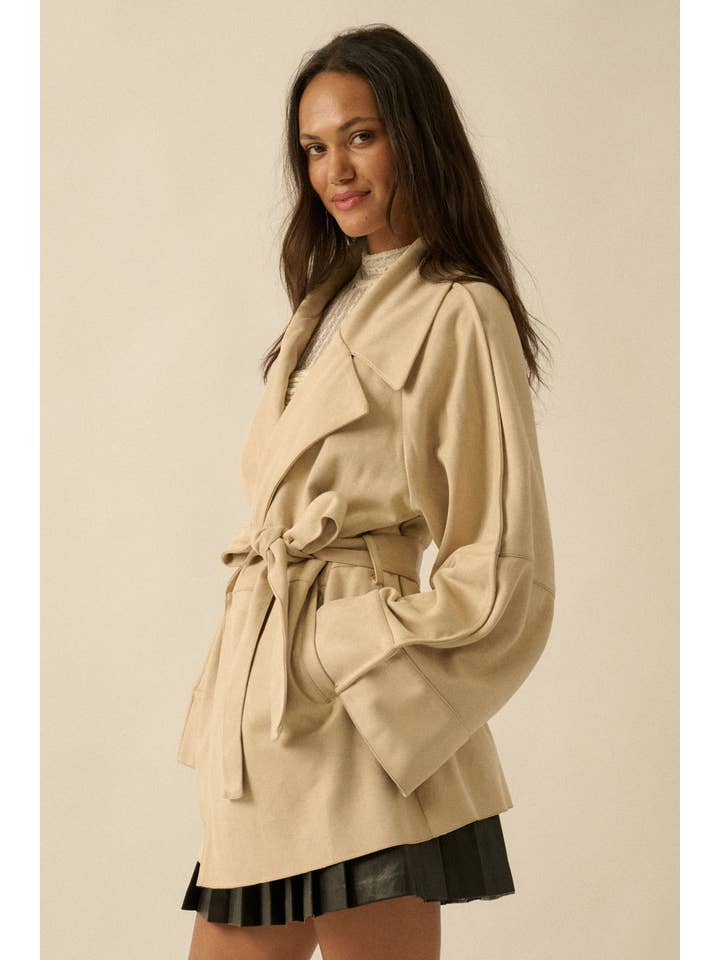 Promesa USA - Wholesale Trench Coat - Women's - Faux Suede Belted Mid-Length Trench Coat10