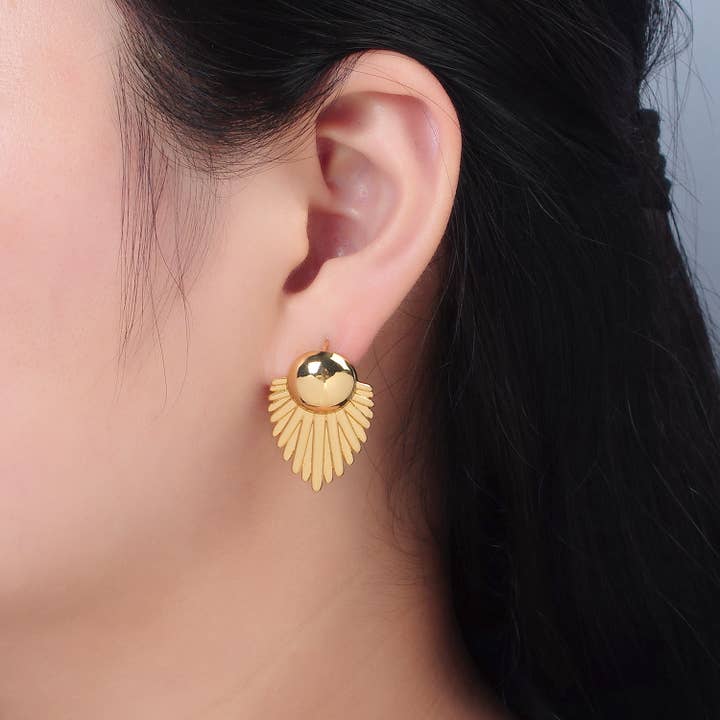 Aim Eternal - Wholesale Stud/Post Earrings - 24K Gold Filled Sunburst Feather Door Knob Studs | AD727