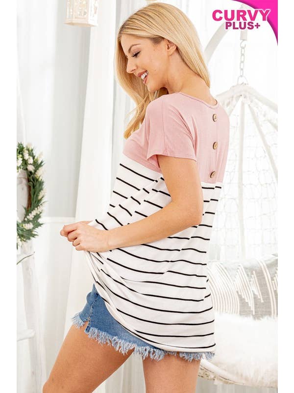 HEIMISH - Wholesale Tunic - Women's - ST2198-10-PLUS SOLID AND STRIPE TOP WITH BUTTON BACK