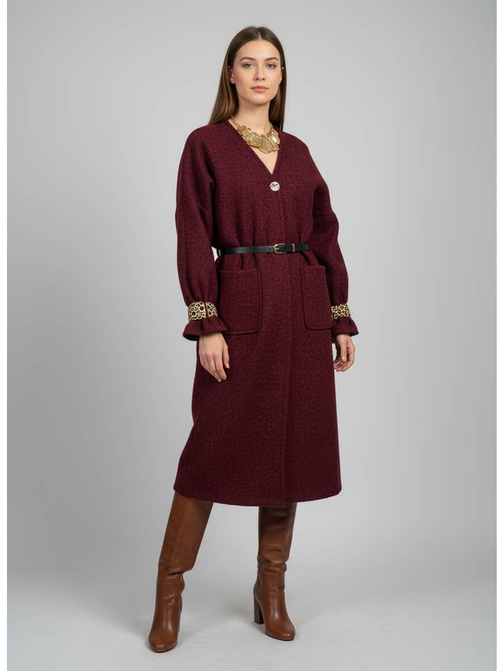 FAME GREECE - Wholesale Cardigan - Women's - W-029 Long Bouclé Viscose Cardigan with Belt & Front Pockets1