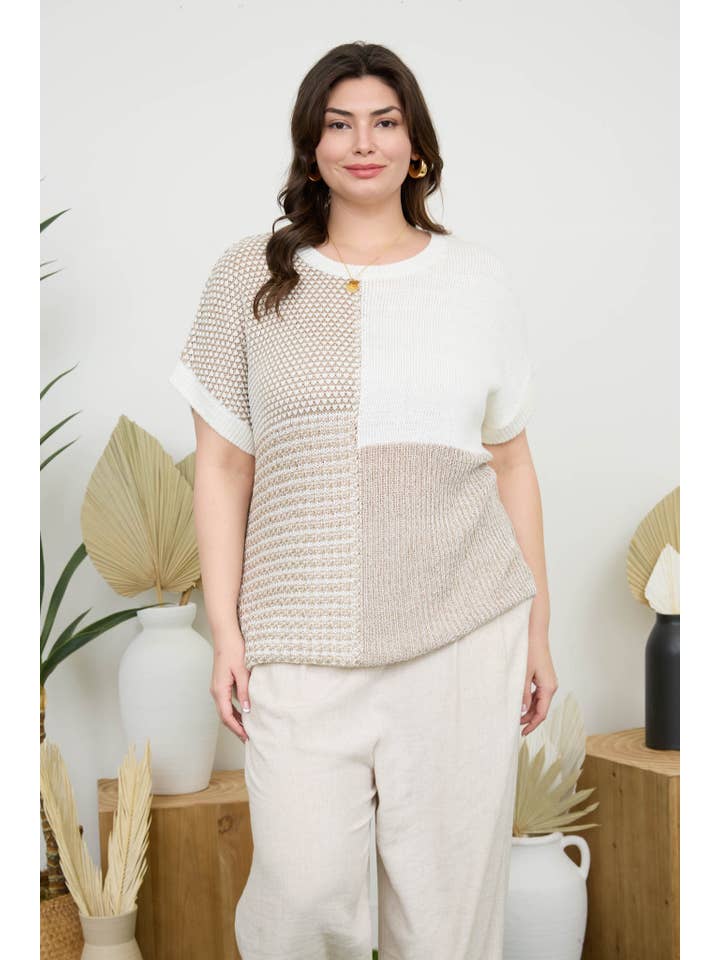 Blu Pepper - Wholesale Knit Sweater - Women's - PLUS MULTI PATTERN COLORBLOCK SHORT SLEEVE SWEATER5