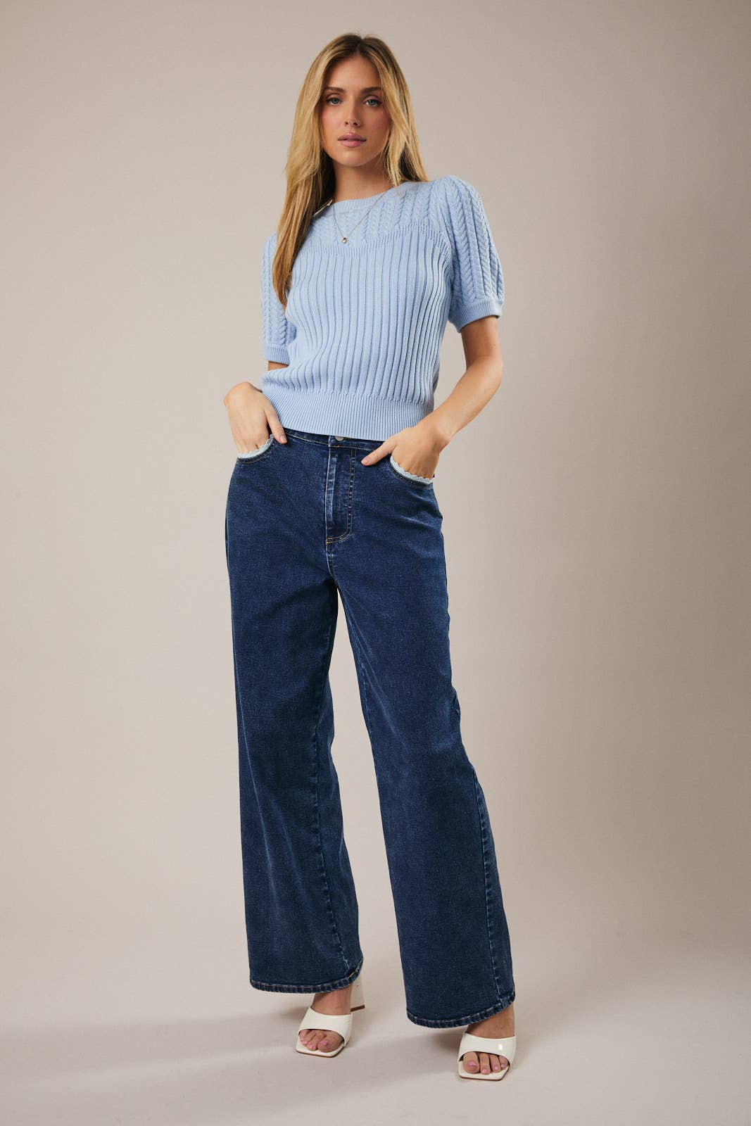 Sunday Edition by LE LIS - Wholesale Knit Sweater - Women's - ROUND NECK PUFF SHORT SLEEVE CABLE SWEATER25