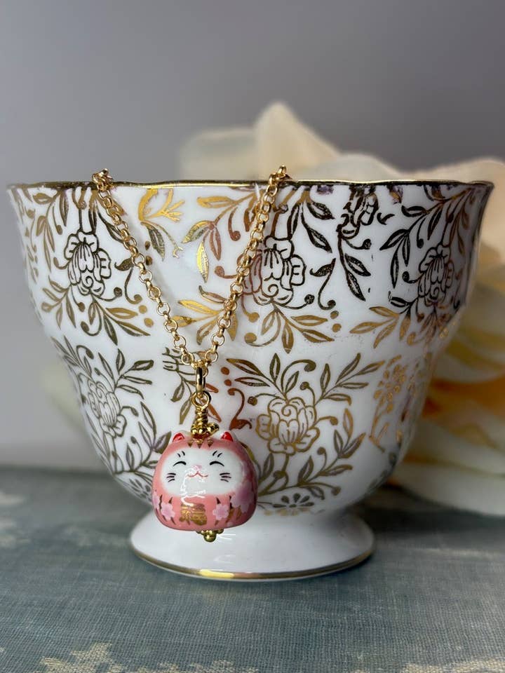 Pink Cat Necklace Cute Porcelain Kawaii Lucky Kitty for wholesale by Red Truck Designs