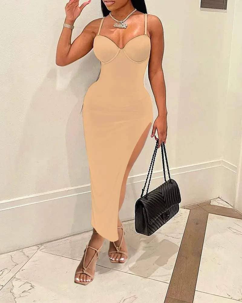 Fashion Combination – Vestido - Mulher por atacado – Vestido de fenda alta com alça espaguete4