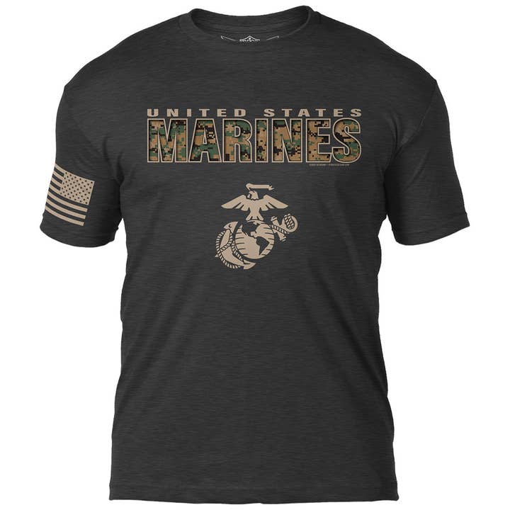 Heather Black USMC MARPAT Camo Text 7.62 Design Battlespace Men's T-Shirt for wholesale on Faire