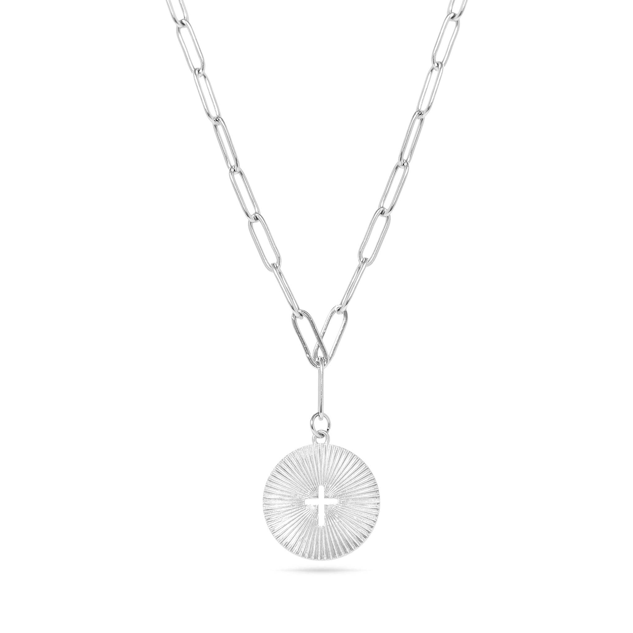 WJW - Wholesale Pendant/Charm Necklace - Gold Stainless Steel Sunburst Cross Paperclip Charm Necklace0