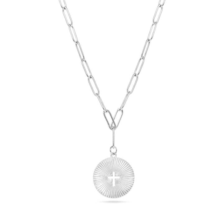 WJW - Wholesale Pendant/Charm Necklace - Gold Stainless Steel Sunburst Cross Paperclip Charm Necklace