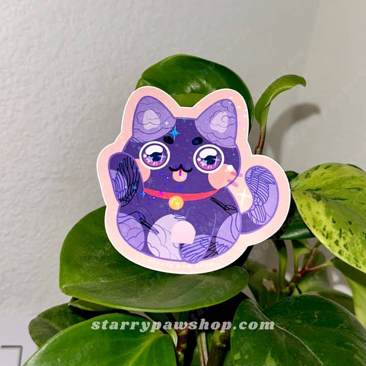 Starry Paw Shop - Wholesale Sticker - Lucky Cat Porcelain Sticker 3" Sparkly Holo water resistant7